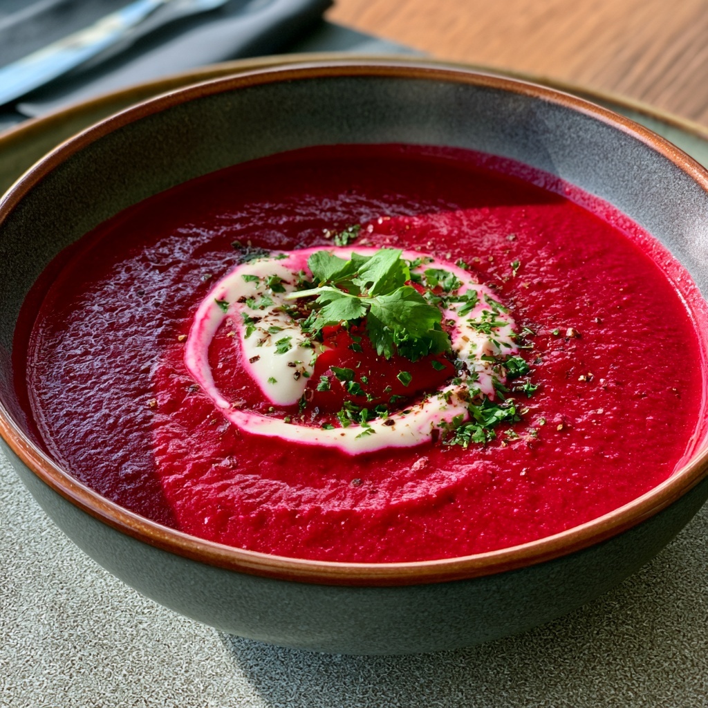 Chilled Roasted Beetroot Soup with Ginger & Horseradish Cream
